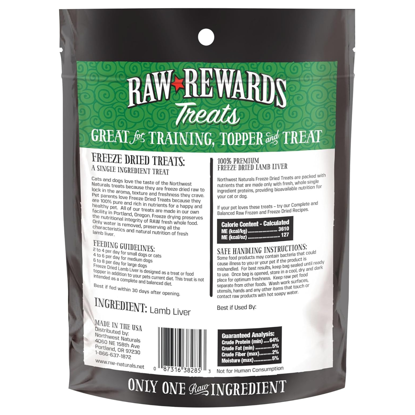 Raw Rewards Treats packaging with green and white label on a white background