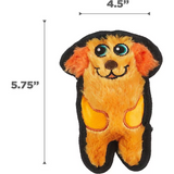 Plush dog toy with dimensions labeled on a white background