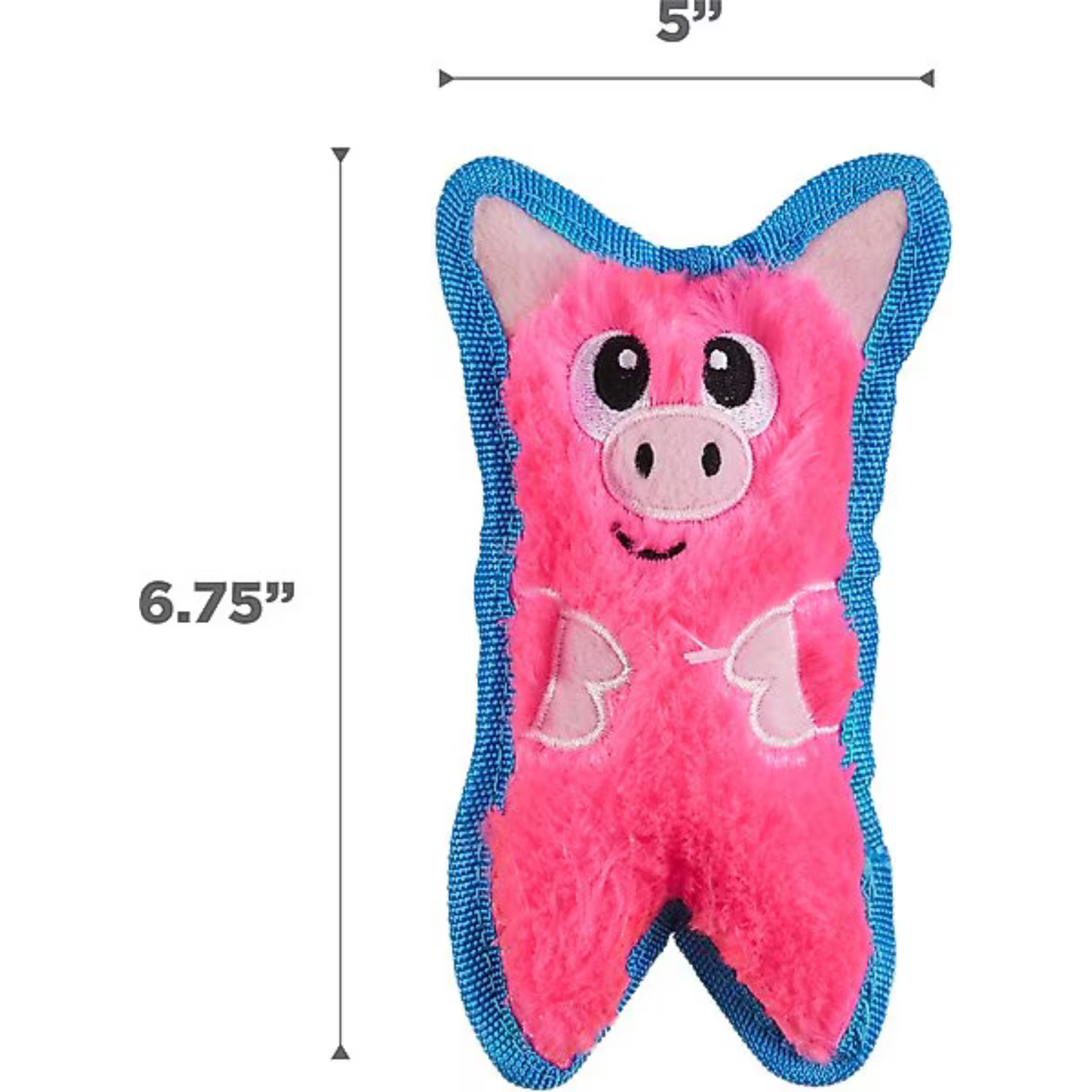Pink and blue dog toy shaped like a pig with measurements on a white background