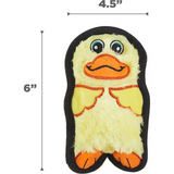 Plush duck toy with measurements on a white background