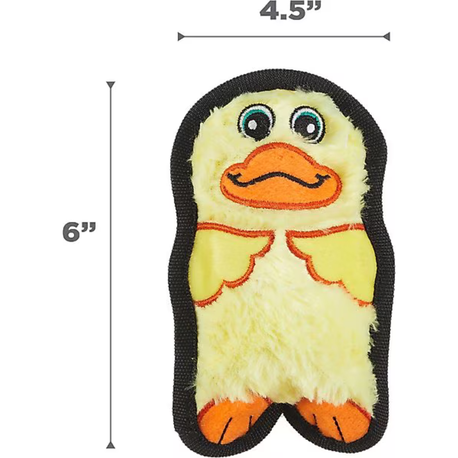 Plush duck toy with measurements on a white background