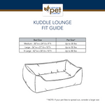 Kuddle Lounge fit guide with bed size chart and Carolina Pet Company logo.