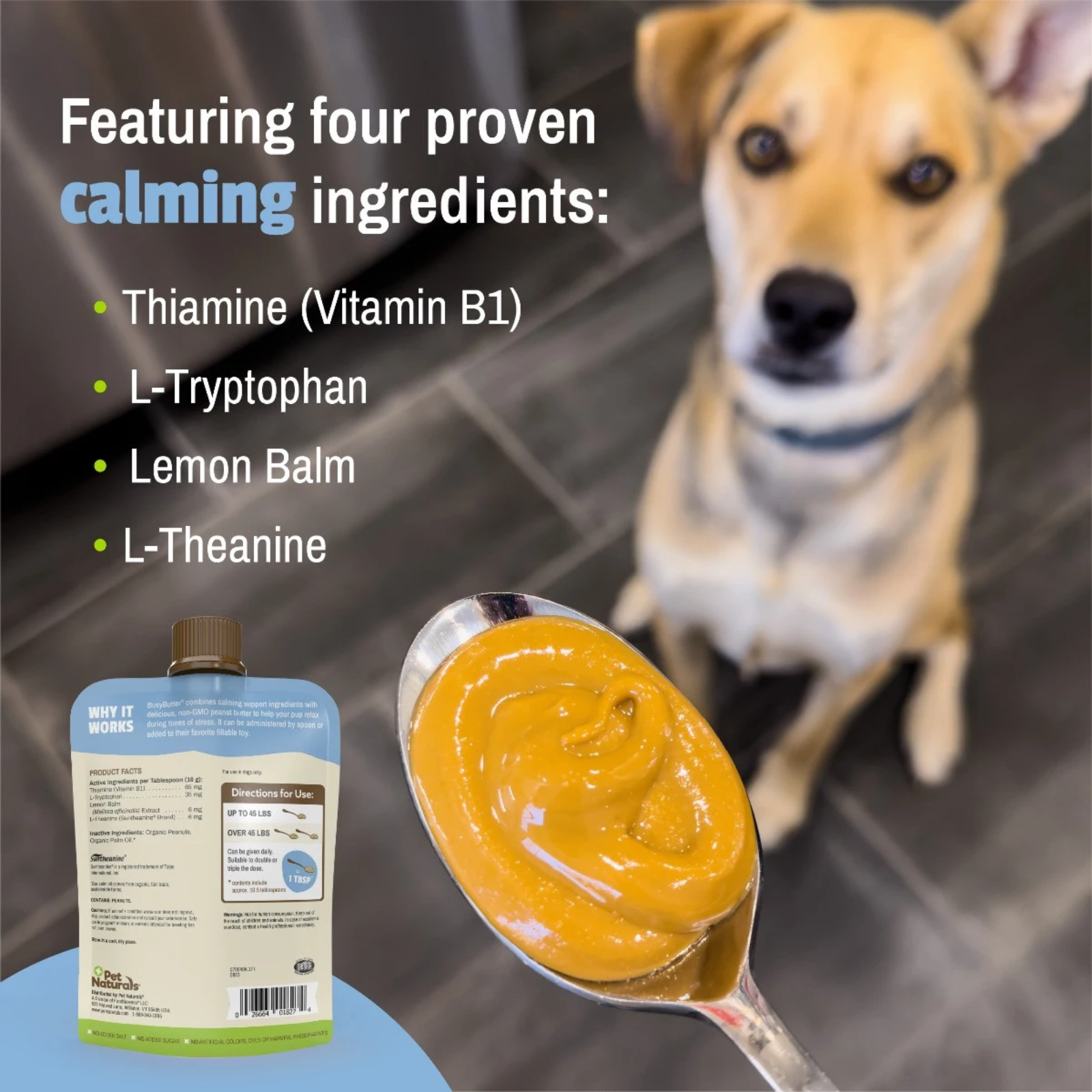 Dog with a spoonful of yellow substance and product packaging, featuring calming ingredients.
