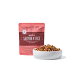 Portland Pet Food Company's 'Wally's Salmon N' Rice' dog food package and bowl of food on a white background
