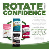 Advertisement for NutriSource dog food packages with text about rotating diets.