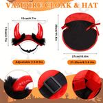 Vampire cloak and hat costume accessory set with dimensions shown: a red-and-black horn headband, a red-and-black circular cloak, and three close-up detail views. The image includes measurement labels and orange text on a white background.