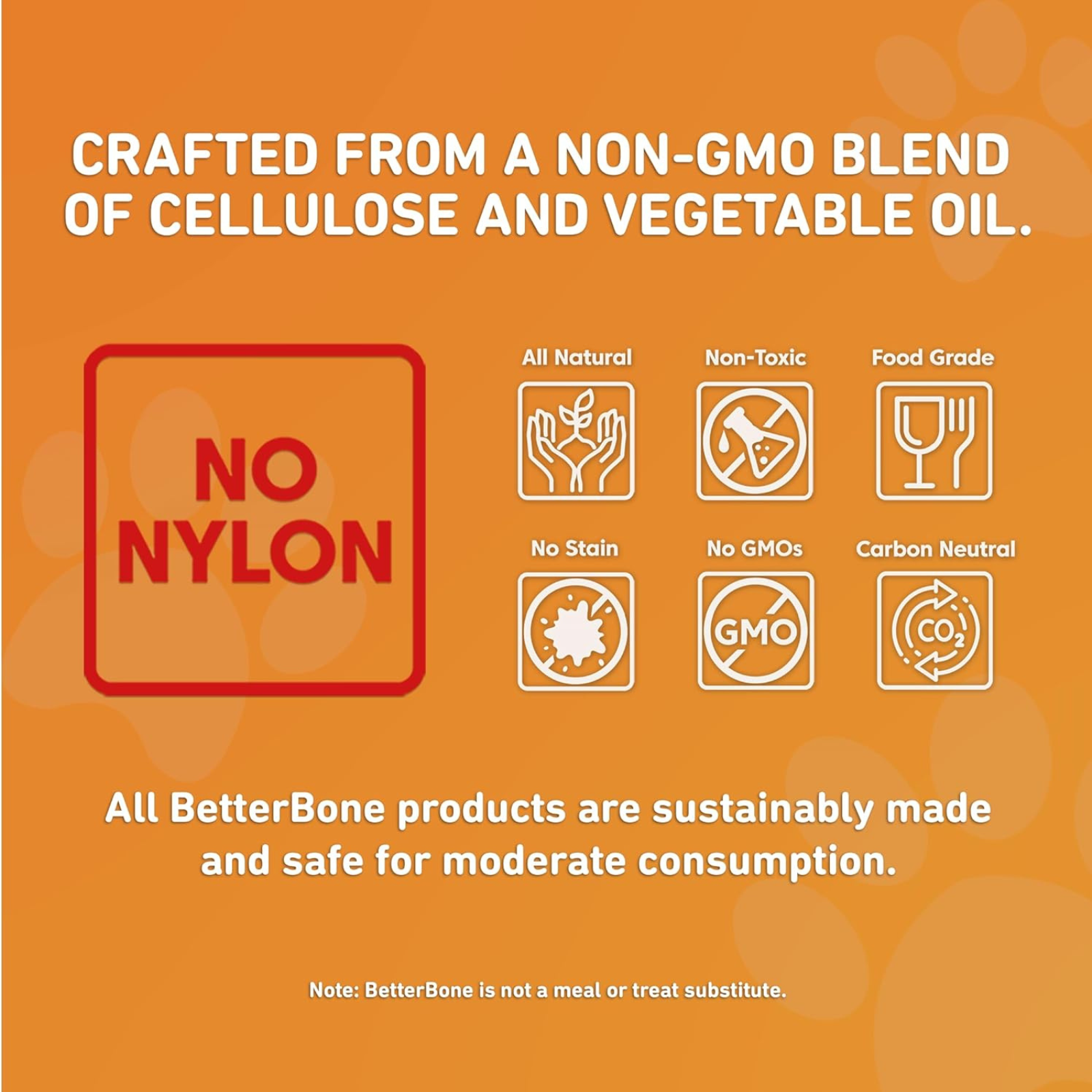 Orange background with text and icons about BetterBone products' ingredients and properties.