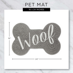 Pet mat with 'Woof' text on a bone shape, dimensions indicated.