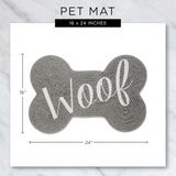 Pet mat with 'Woof' text on a bone shape, dimensions indicated.