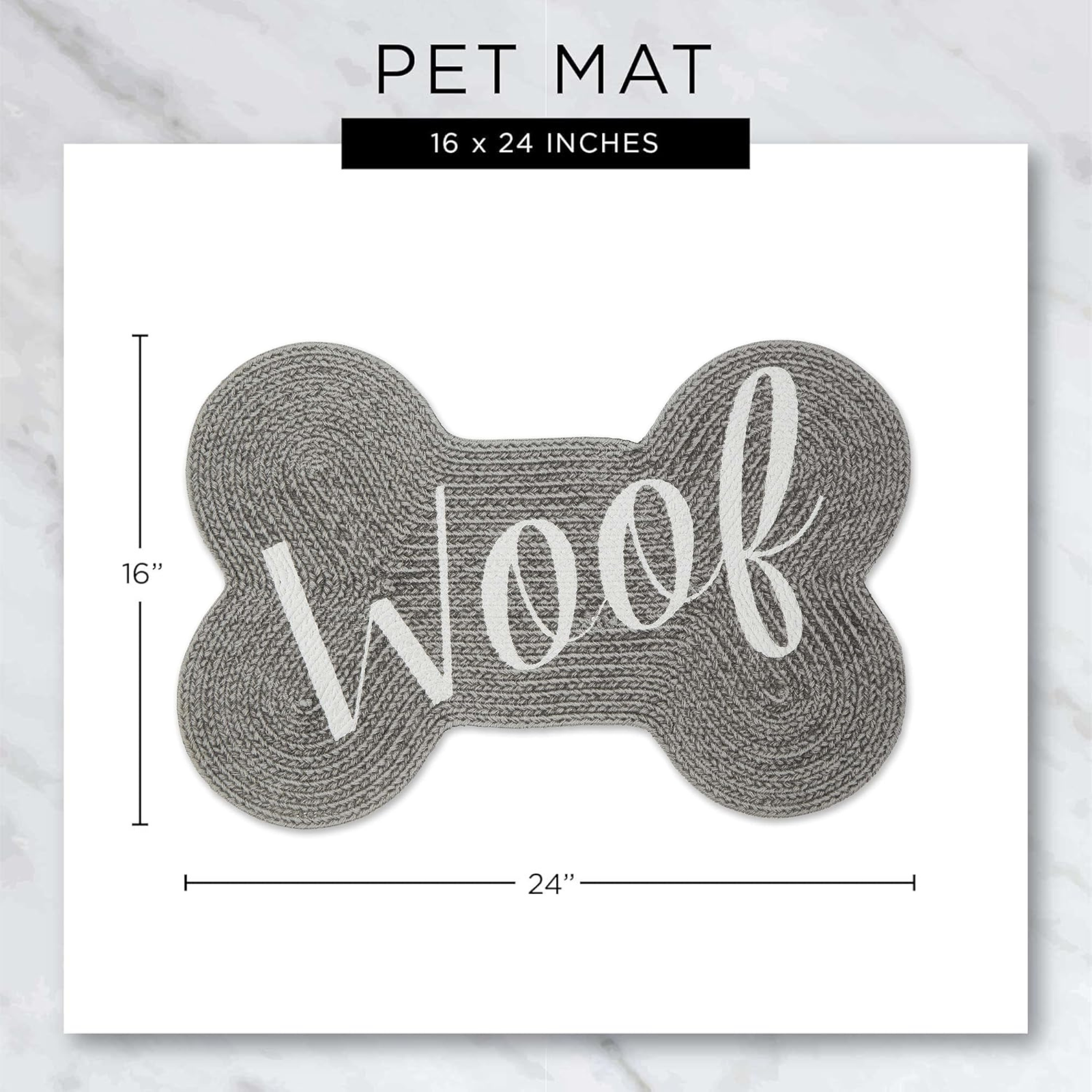 Pet mat with 'Woof' text on a bone shape, dimensions indicated.