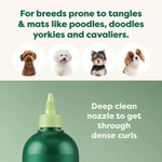 Dog grooming product with breeds prone to tangles and mats displayed above it.