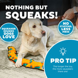 Dog playing with a squeaky toy with promotional text about the product's features.
