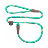 A braided rope leash with a green, blue, and orange patterned cord and brown leather handle grips, shown on a plain white background.