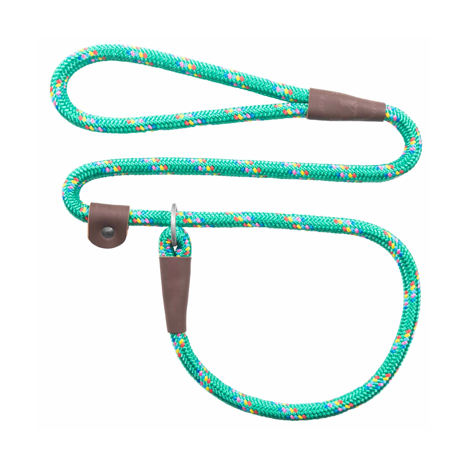 A braided rope leash with a green, blue, and orange patterned cord and brown leather handle grips, shown on a plain white background.