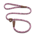 A braided pink, black, and white rope leash with brown leather accents and metal hardware, displayed on a clean white background.