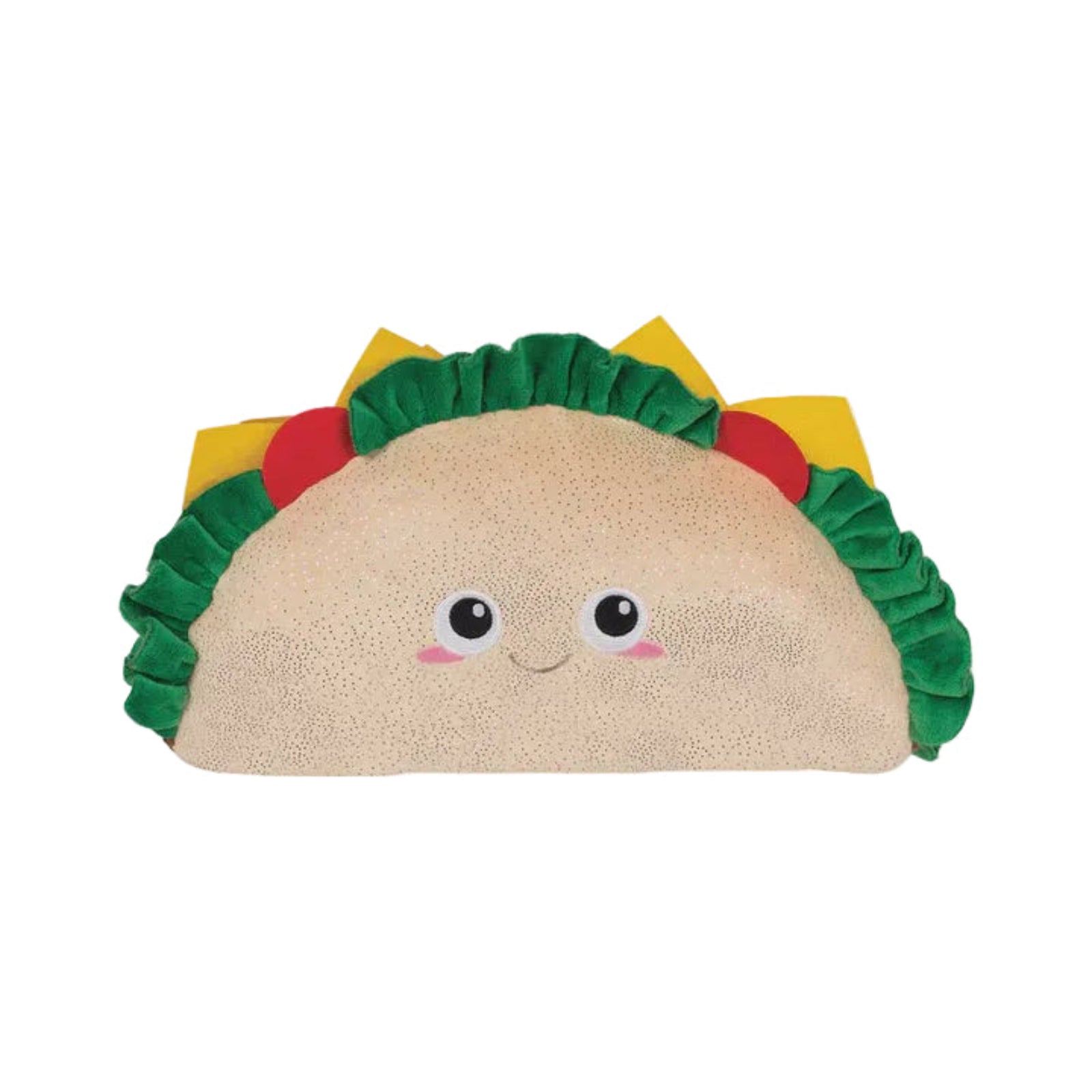 A plush taco-shaped cushion with a cute face, featuring a beige textured center, green ruffled lettuce, yellow cheese, and red tomato details, set against a solid light gray background.