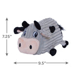 Plush toy cow with dimensions indicated on a white background