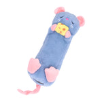 Blue plush toy shaped like a mouse with a yellow cheese piece on a white background