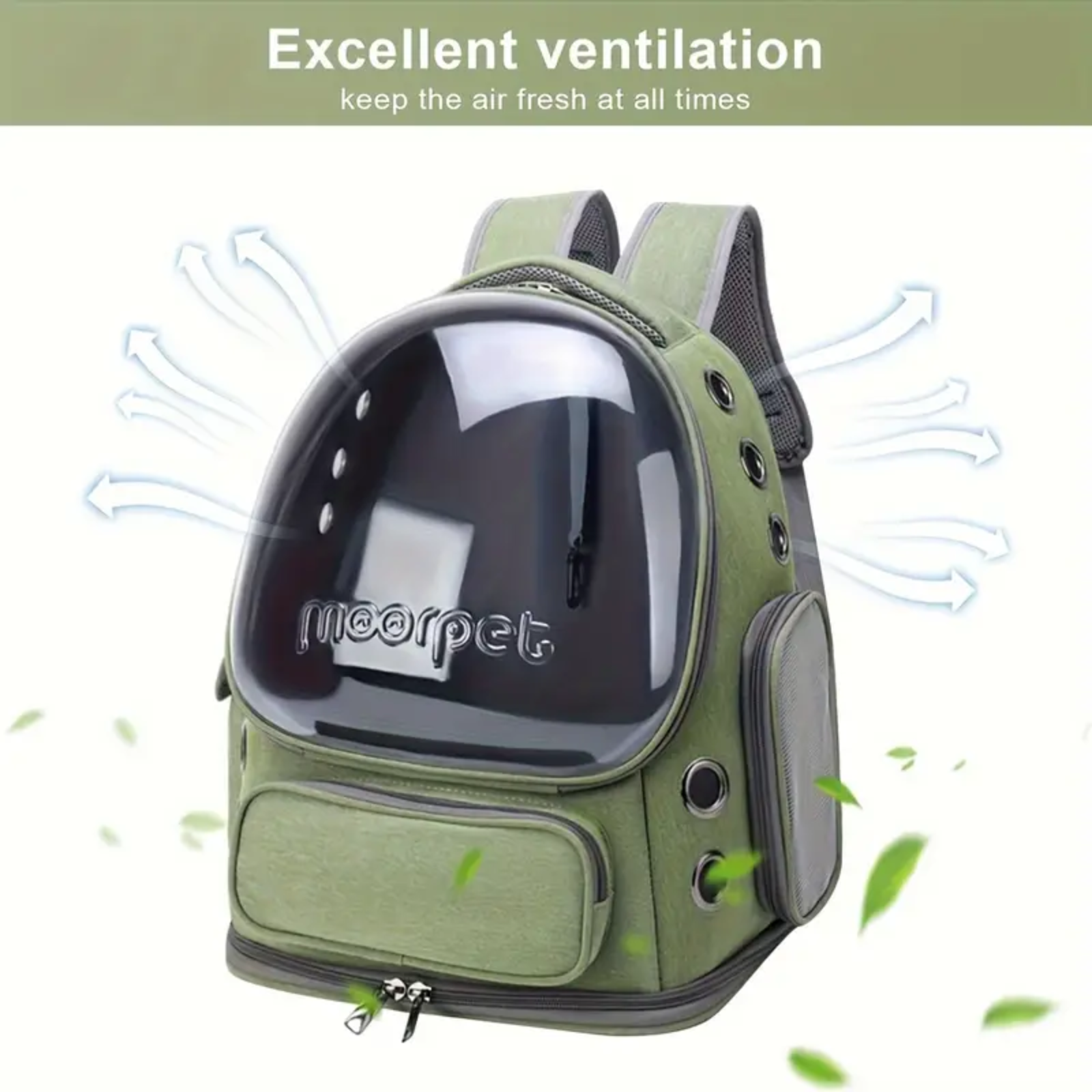 Green pet carrier with transparent front panel on a white background, featuring the brand 'moorpet'.