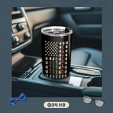 Tumbler with cat-themed design on a car cup holder