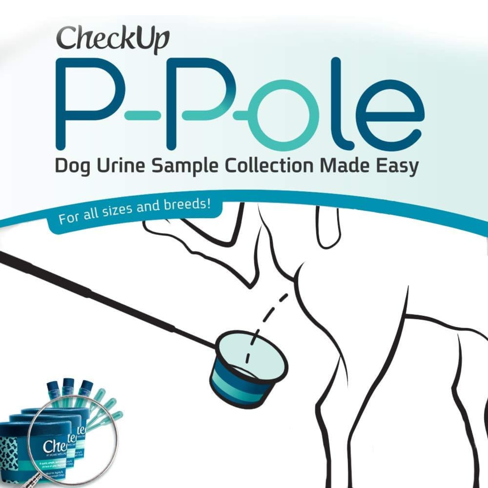 CheckUp P-Pole product packaging for dog urine sample collection on a white background