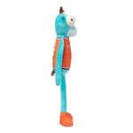 A plush toy shaped like a cartoon goat character, standing upright on a plain white background. The toy is turquoise blue with an orange body and small brown details.