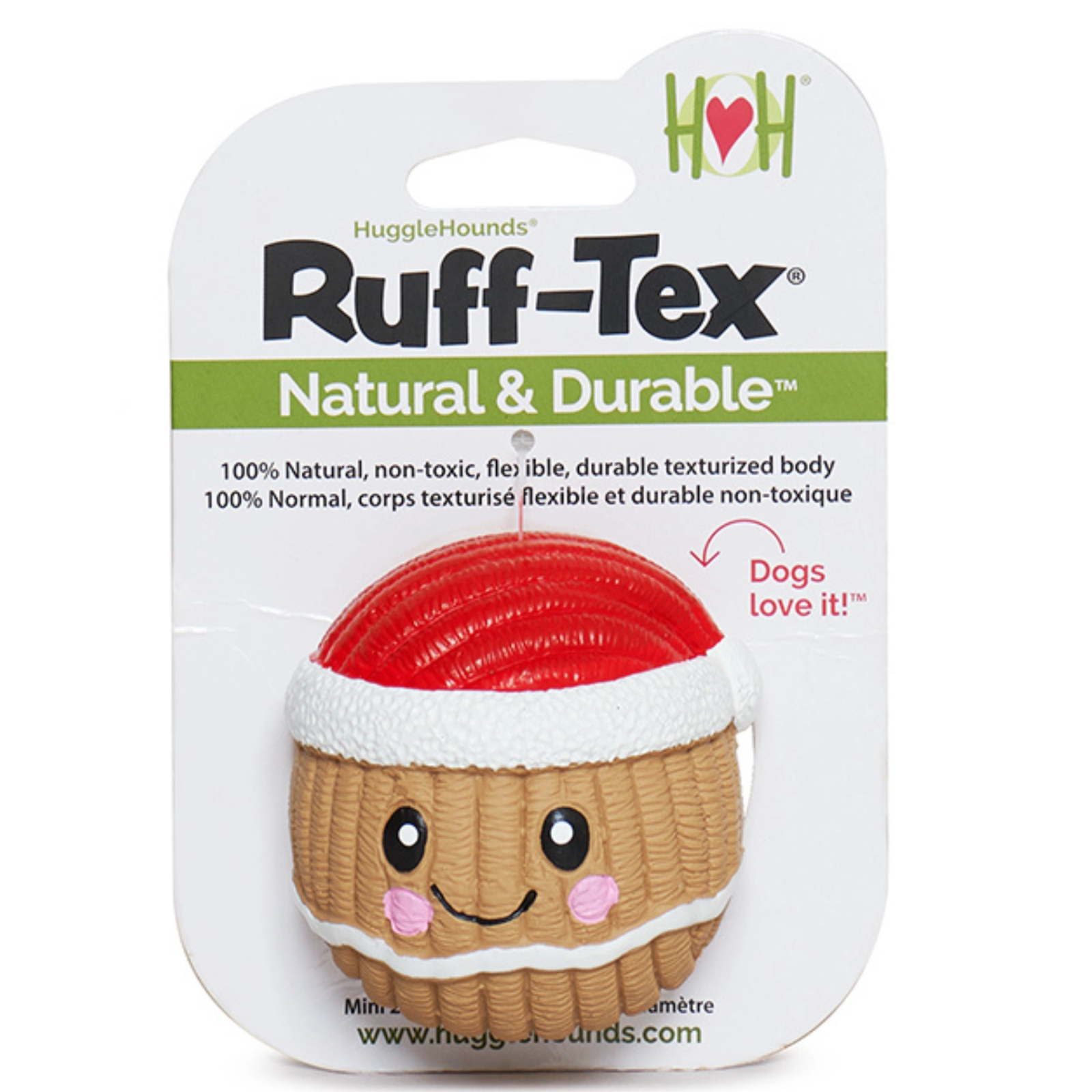 HuggleHounds Ruff-Tex Natural & Durable dog toy in its retail packaging, featuring a cupcake-themed textured toy with a red frosting top, white frosting, and a brown cake base with a smiling face.