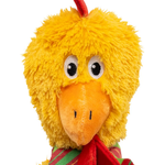 Plush toy with a yellow face and red scarf on a white background