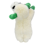 A plush toy shaped like a lamb, featuring fluffy off-white fur, bright green ears and feet, and a black-and-white face, shown against a plain white background.