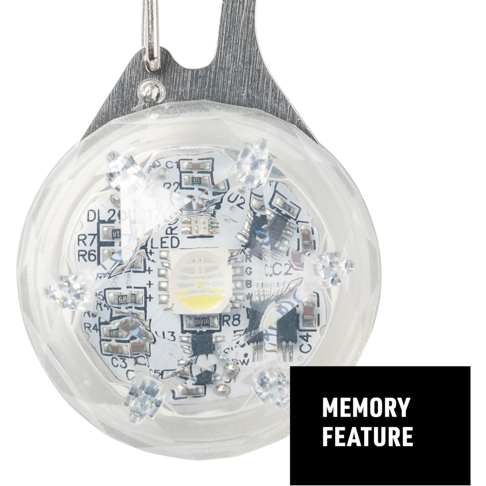 Close-up of a LED light bulb with visible circuitry on a white background, featuring the word 'MEMORY'.