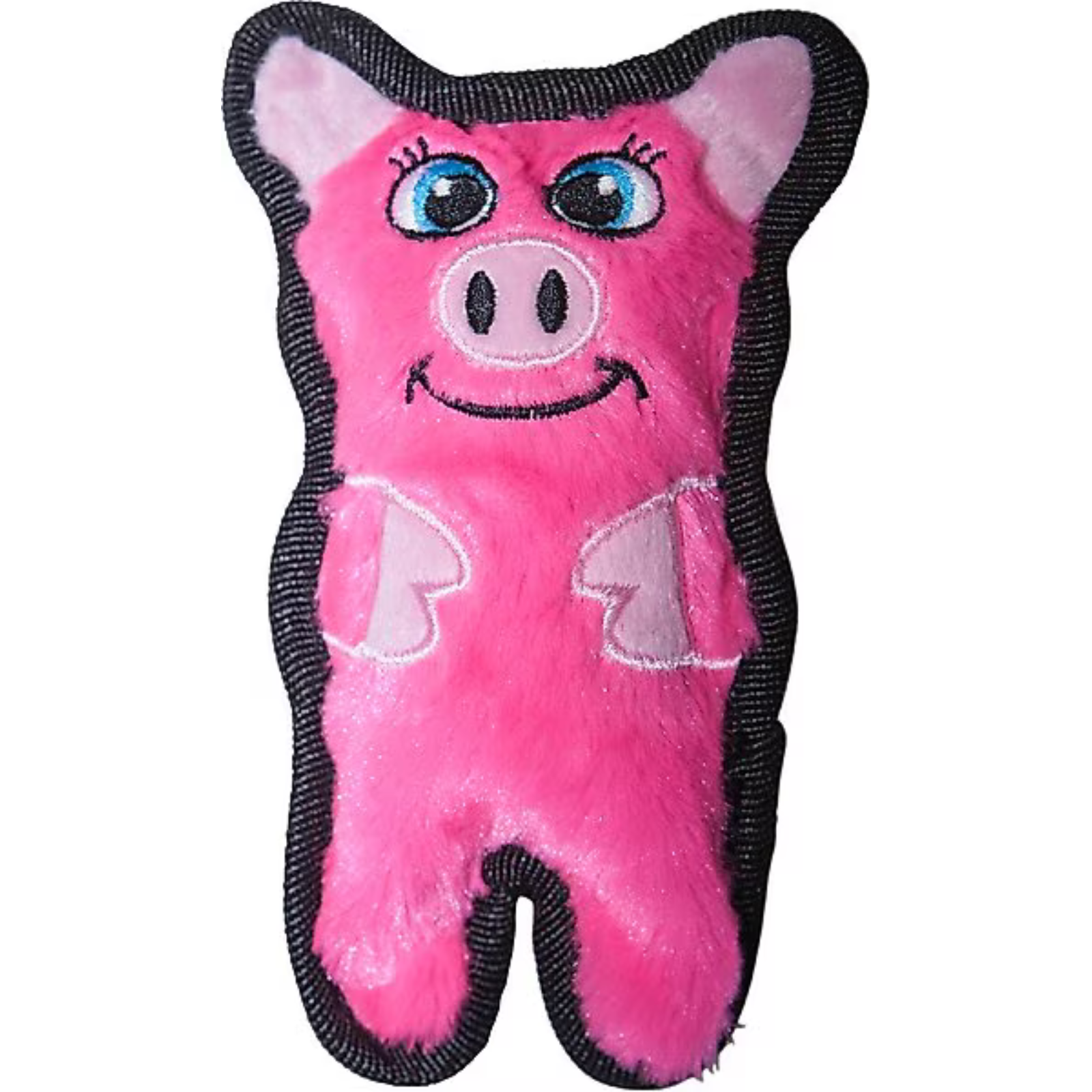 Pink pig-shaped toy with black accents on a white background