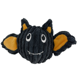 A black plush bat toy with yellow inner ears and white embroidered eyes and mouth details, shown on a plain white background.