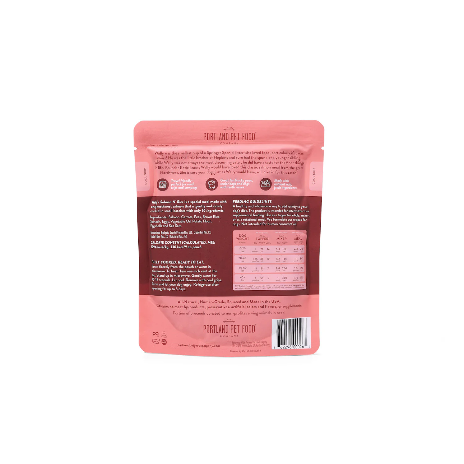 Back view of a pink pet food package with text and a barcode on a white background