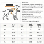Dog size chart with measurements for chest, neck, back length, and weight range.