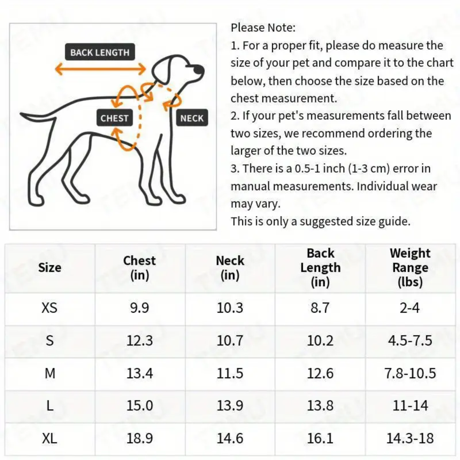 Dog size chart with measurements for chest, neck, back length, and weight range.