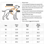 Dog size chart with measurements for chest, neck, and back length.