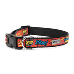 A black pet collar with a colorful comic book style print featuring 'POW!', 'BOOM!', and 'MYTH BUSTERS' text, complete with a black plastic buckle and a silver metal ring.
