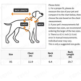 A pet size measurement chart showing a dog outline with arrows marking back length, chest, and neck, plus a note explaining how to measure and a size table with chest, neck, and back length measurements for XS.