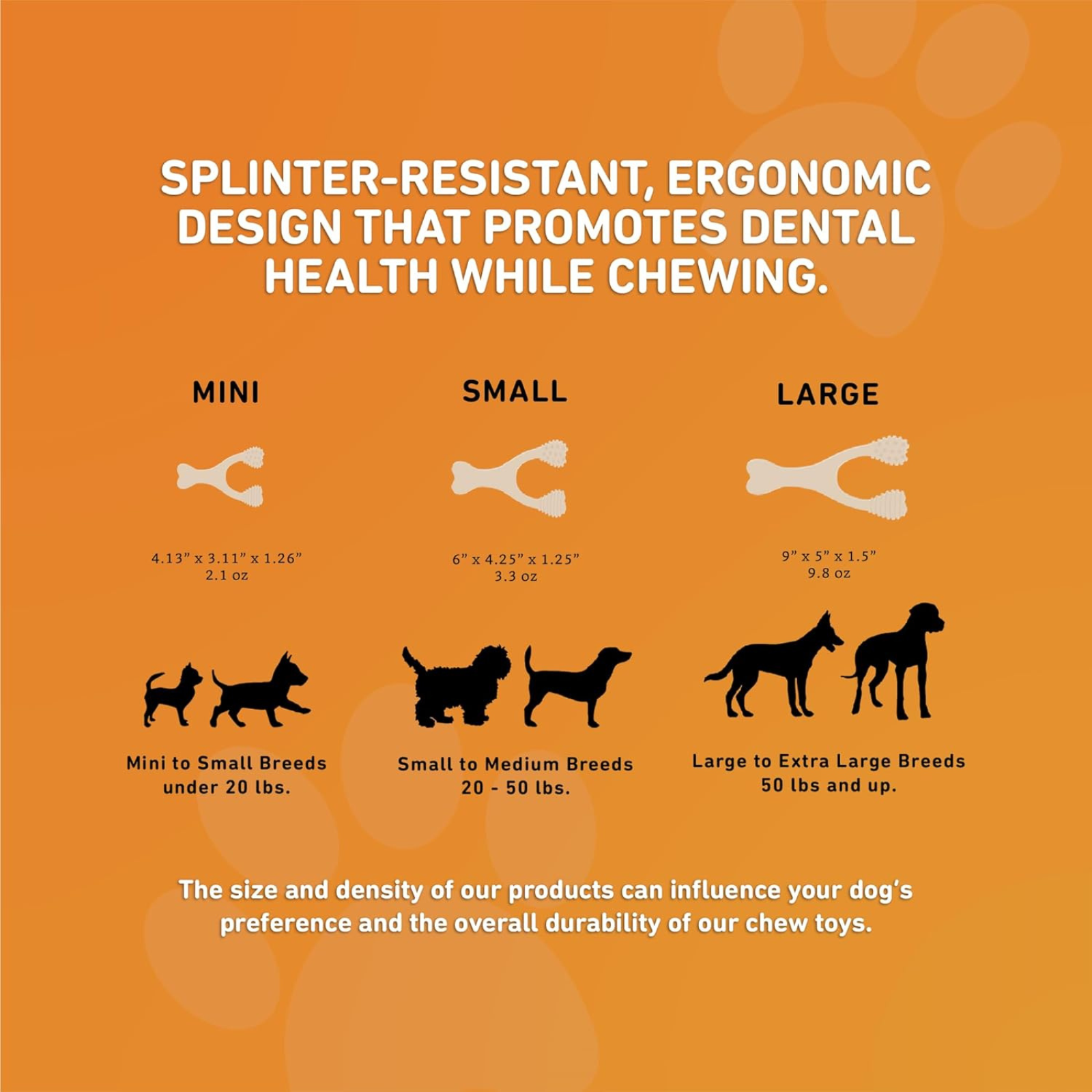 Dog chew toy size chart with descriptions on an orange background