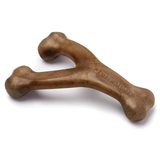 Brown dog toy shaped like a bone on a white background