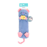 Blue plush toy resembling a cat with pink accents, holding a yellow cheese block, on a white background.
