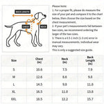 Dog size chart with measurements for chest, neck, and back length.