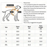 Dog size chart with measurements for chest, neck, and back length.