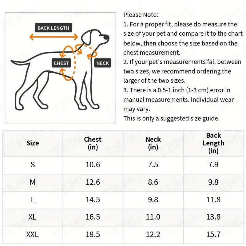 Dog size chart with measurements for chest, neck, and back length.