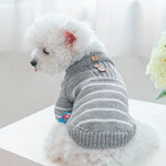 Small white dog wearing a gray striped sweater with buttons on a light background