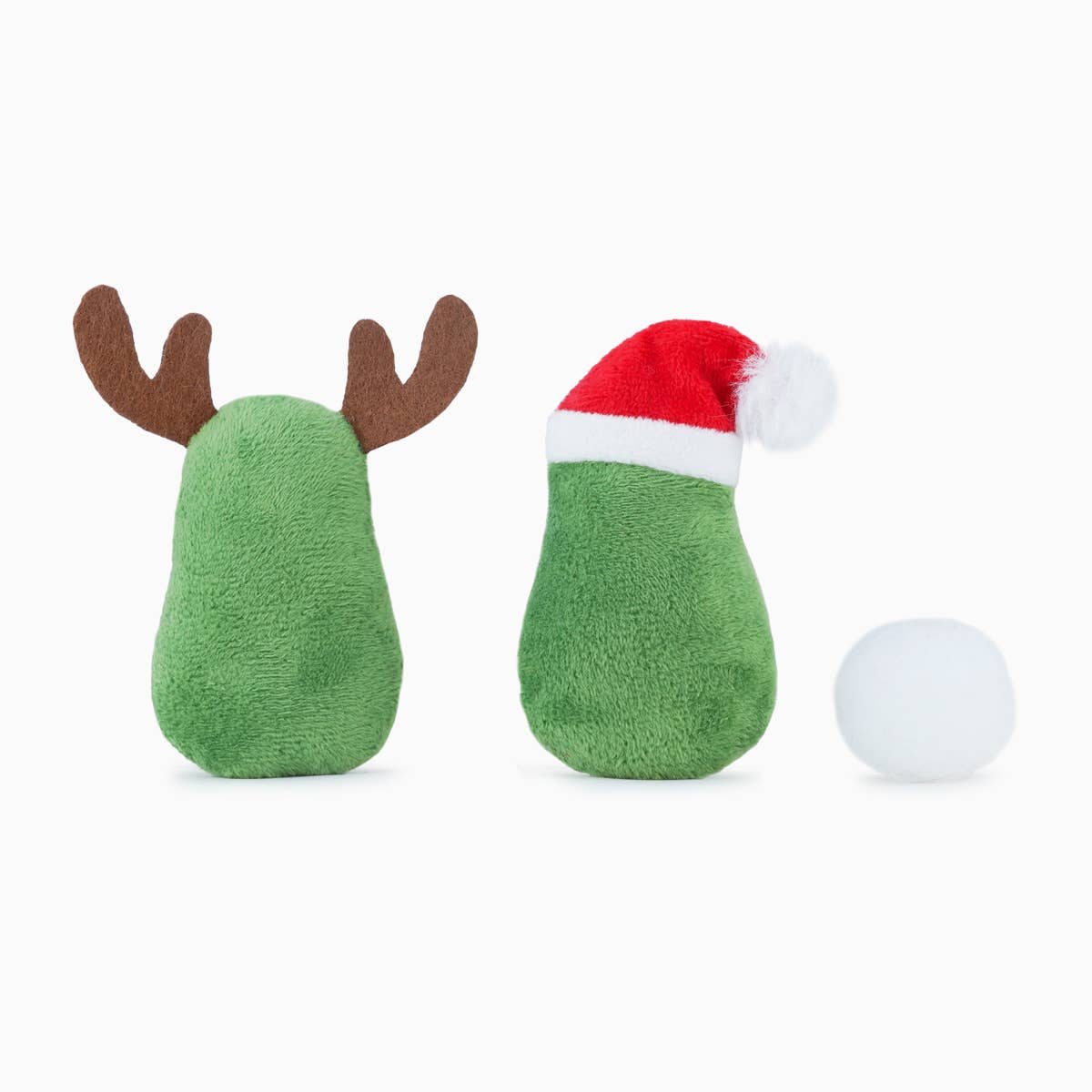 Green plush reindeer toy with brown antlers and a Santa hat, next to a white ball on a white background.