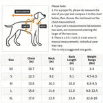 Dog size chart with measurements for chest, neck, back length, and weight range.