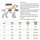 Dog size chart with measurements for chest, neck, back length, and weight range.
