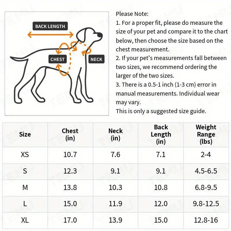 Dog size chart with measurements for chest, neck, back length, and weight range.