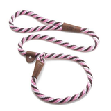 A twisted rope dog leash with pink, white, and black stripes, featuring brown leather accents and a metal snap hook, displayed on a clean white background.